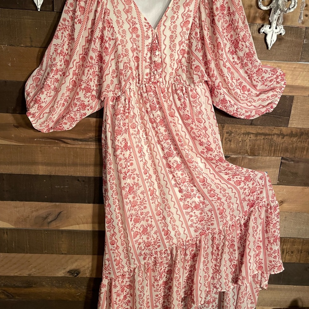 Justify Red and White Patterned High Low  boho dress